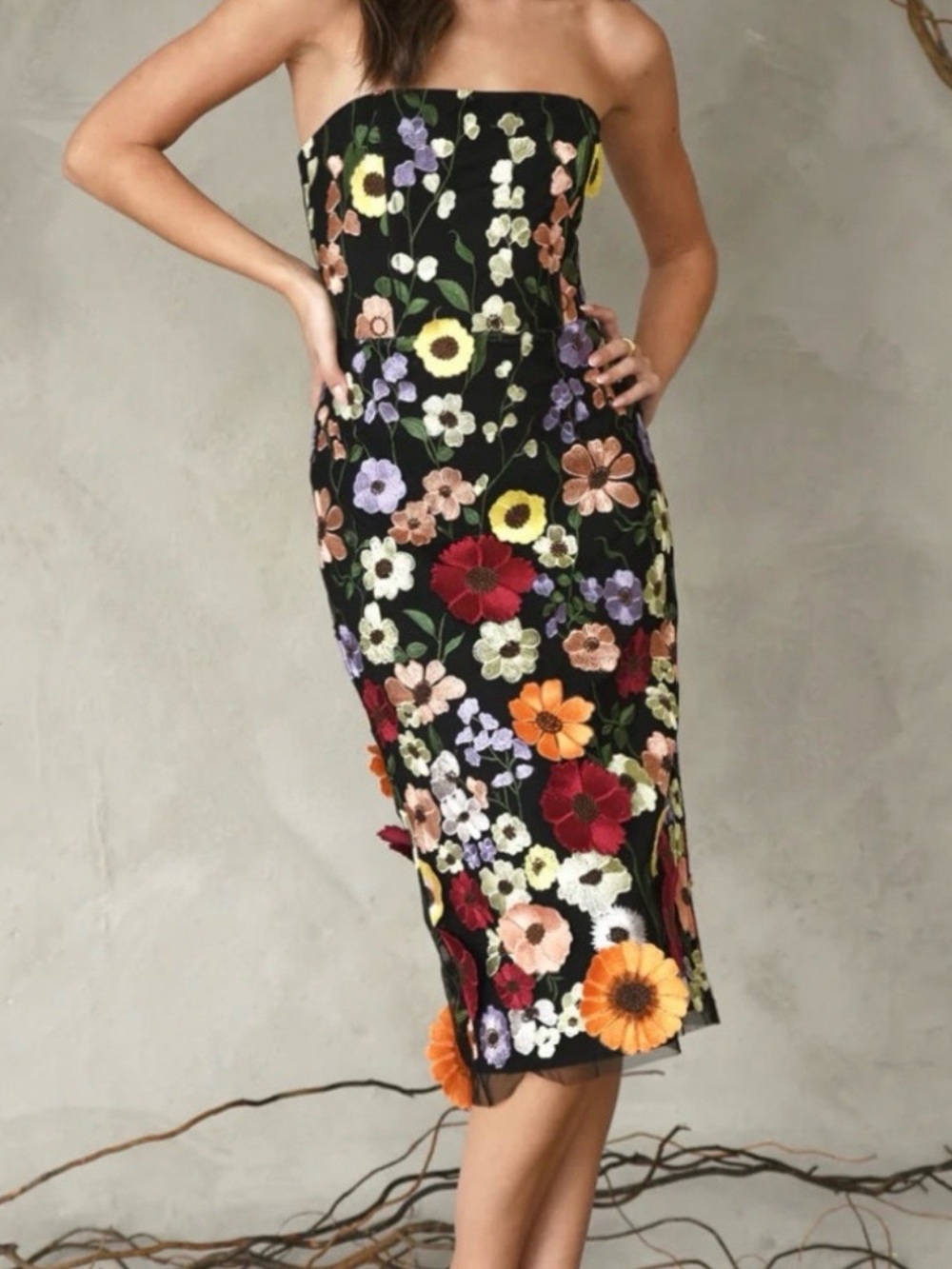 Madelyn Rae Floral Strapless Midi Dress - Black w/flowers